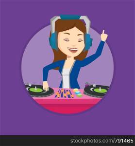 Young DJ mixing music on turntables. DJ playing and mixing music on deck. Caucasian DJ in headphones at the party in night club. Vector flat design illustration in the circle isolated on background.. DJ mixing music on turntables vector illustration.