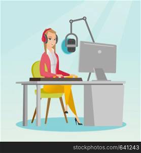Young dj working in front of microphone, computer and mixing console on the radio. Caucasian news presenter in headset working on the radio station. Vector flat design illustration. Square layout.. Female dj working on the radio vector illustration