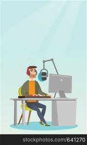 Young dj working in front of microphone, computer and mixing console on the radio. Caucasian news presenter in headset working on the radio station. Vector flat design illustration. Vertical layout.. Dj working on the radio vector illustration