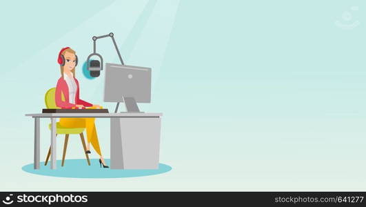 Young dj working in front of microphone, computer and mixing console on the radio. Caucasian news presenter in headset working on the radio station. Vector flat design illustration. Horizontal layout.. Female dj working on the radio vector illustration