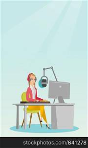 Young dj working in front of microphone, computer and mixing console on the radio. Caucasian news presenter in headset working on the radio station. Vector flat design illustration. Vertical layout.. Female dj working on the radio vector illustration