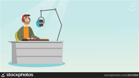 Young dj working in front of microphone, computer and mixing console on the radio. Caucasian news presenter in headset working on the radio station. Vector flat design illustration. Horizontal layout.. Dj working on the radio vector illustration