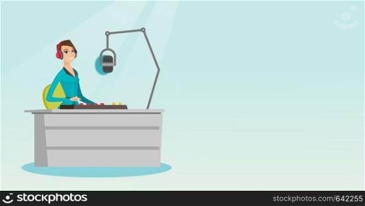 Young dj working in front of microphone, computer and mixing console on the radio. Caucasian news presenter in headset working on the radio station. Vector flat design illustration. Horizontal layout.. Female dj working on the radio vector illustration