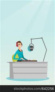 Young dj working in front of microphone, computer and mixing console on the radio. Caucasian news presenter in headset working on the radio station. Vector flat design illustration. Vertical layout.. Female dj working on the radio vector illustration