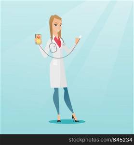 Young doctor holding smartphone with application for measuring of heart rate. Caucasian happy doctor showing application for checking of heart rate. Vector flat design illustration. Square layout.. Doctor showing app for measuring heart pulse.