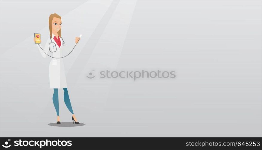 Young doctor holding smartphone with application for measuring of heart rate. Caucasian happy doctor showing application for checking of heart rate. Vector flat design illustration. Horizontal layout.. Doctor showing app for measuring heart pulse.