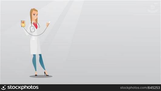 Young doctor holding smartphone with application for measuring of heart rate. Caucasian happy doctor showing application for checking of heart rate. Vector flat design illustration. Horizontal layout.. Doctor showing app for measuring heart pulse.