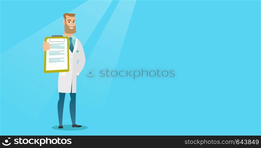 Young doctor showing a clipboard with a prescription. Happy doctor in a medical gown holding a clipboard. Caucasian doctor with patient records. Vector flat design illustration. Horizontal layout.. Doctor with a clipboard vector illustration.