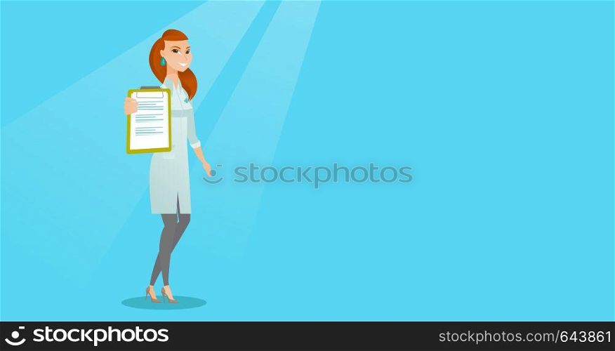 Young doctor showing a clipboard with a prescription. Female doctor in a medical gown holding a clipboard. Caucasian doctor with patient records. Vector flat design illustration. Horizontal layout.. Doctor with a clipboard vector illustration.
