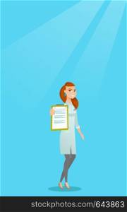 Young doctor showing a clipboard with a prescription. Female doctor in a medical gown holding a clipboard. Caucasian doctor with patient records. Vector flat design illustration. Vertical layout.. Doctor with a clipboard vector illustration.