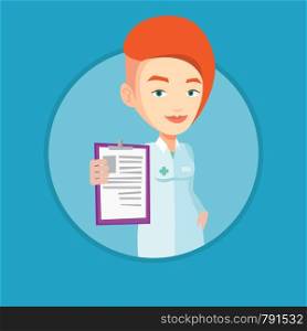 Young doctor showing clipboard with prescription. Doctor in medical gown holding clipboard. Caucasian doctor with patient records. Vector flat design illustration in the circle isolated on background.. Doctor with clipboard vector illustration.