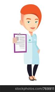 Young doctor showing clipboard with prescription. Female doctor in medical gown holding clipboard. Caucasian doctor with patient records. Vector flat design illustration isolated on white background.. Doctor with clipboard vector illustration.