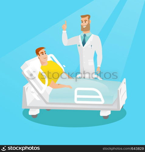 Young doctor visiting a patient in a hospital room. Doctor pointing with his finger up during a consultation with a patient who lying in a hospital bed. Vector flat design illustration. Square layout.. Doctor visiting a patient vector illustration.