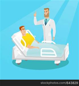 Young doctor visiting a patient in a hospital room. Doctor pointing with his finger up during a consultation with a patient who lying in a hospital bed. Vector flat design illustration. Square layout.. Doctor visiting a patient vector illustration.