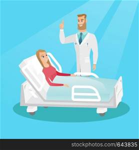 Young doctor visiting a patient in a hospital room. Doctor pointing with his finger up during a consultation with a patient who lying in a hospital bed. Vector flat design illustration. Square layout.. Doctor visiting a patient vector illustration.