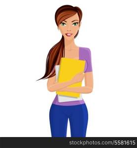 Young elegant beautiful student girl standing holding yellow study documents folder in hands isolated vector illustration