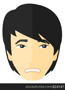Young embarrassed man vector flat design illustration isolated on white background. . Young embarrassed man.