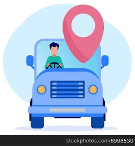 Young entrepreneurs drive to work using map pins. Our office location. Vector illustration.