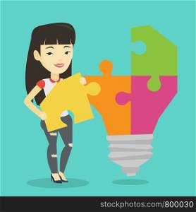 Young excited asian student takes apart idea light bulb made of puzzle. Happy student standing near the idea bulb. Smiling student having great idea. Vector flat design illustration. Square layout.. Student with idea lightbulb vector illustration.
