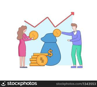 Young Faceless Man And Woman Characters Put Gold Dollars into Blue Money Bag with Coin Pile nearby and Growing Arrow Graph Isolated on White Background. Finance Linear Cartoon Flat Vector Illustration. Man And Woman Put Gold Dollars into Blue Money Bag