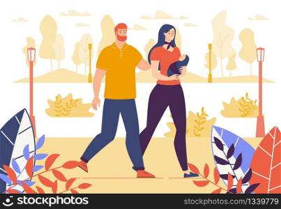 Young Family Active Lifestyle, Happy Maternity and Parenthood Concept. Parents with Infant on Hands Walking in Park, Spending Time Together, Resting, Relaxing Outdoors Trendy Flat Vector Illustration