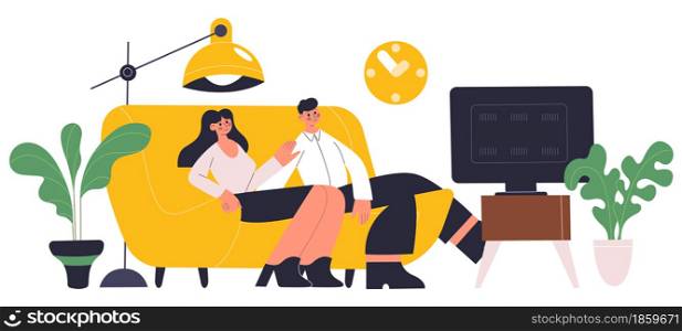 Young family couple resting on comfy sofa in living room. Couple spending time together, watching tv on comfy couch vector illustration. People relaxing on sofa. Couple young people at home. Young family couple resting on comfy sofa in living room. Couple spending time together, watching tv on comfy couch vector illustration. People relaxing on sofa