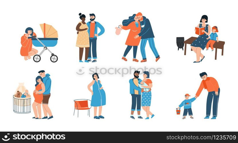 Young family. Happy father, mother and their child cartoon characters, parents in pregnancy period. Vector isolated illustration childbirth and maternity, couples with children. Young family. Happy father, mother and their child cartoon characters, parents in pregnancy period. Vector childbirth and maternity