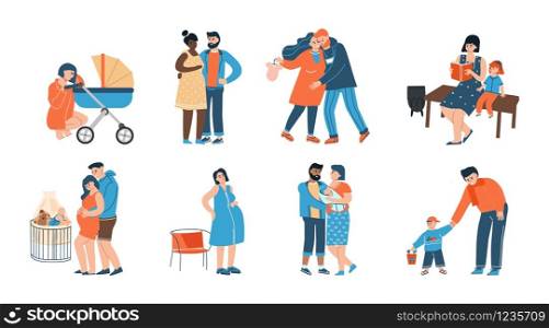 Young family. Happy father, mother and their child cartoon characters, parents in pregnancy period. Vector isolated illustration childbirth and maternity, couples with children. Young family. Happy father, mother and their child cartoon characters, parents in pregnancy period. Vector childbirth and maternity