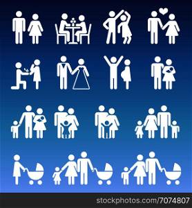 Young family life pictograms - white parents and kids icons. Vector illustration. Young family life pictograms - white parents and kids icons