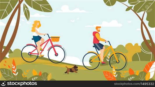 Young Family, Man and Woman Married Couple Riding Bicycle in Forest or Park. Cartoon Male and Female Characters Going on Picnic. Summertime Recreation. Happy Weekends. Vector Flat Illustration. Man and Woman Couple Riding Bicycle in Forest