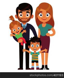 Young family. Mother and father with kids brother sister traditional relationship generation society flat vector character isolated illustration. Young family. Mother and father with kids brother sister traditional relationship society character flat vector illustration