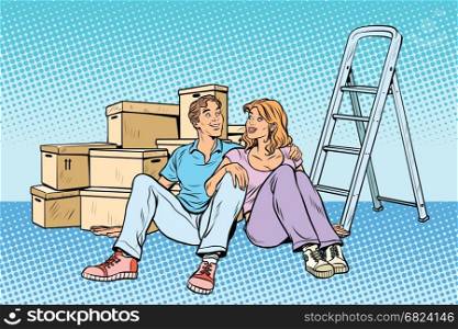 Young family moving to a new house. Pop art retro comic book vector illustration. husband and wife. Young family moving to a new house