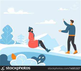 Young Family Spending Funny Winter Time Outdoors. Man Talking to Female Lover. Woman in Love Riding Down Snow Hill. Loving Girlfriend and Boyfriend at Seasonal Resort. Vector Natural Flat Illustration. Young Family Spending Funny Winter Time Outdoors