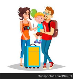 Young Family Traveling With A Small Child Vector. Illustration. Young Family Traveling With A Small Child Vector. Isolated Illustration