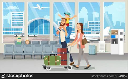 Young Family Vacation Flight Cartoon Vector with Happy Millennial Parents Carrying Baggage on Cart, Walking with Child in Airport Terminal Waiting Room Illustration. Boarding to Airplane Concept