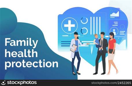 Young family visiting health center vector illustration. Healthcare, medicine, diagnostic center. Family health protection concept. Creative design for presentations, templates, banners