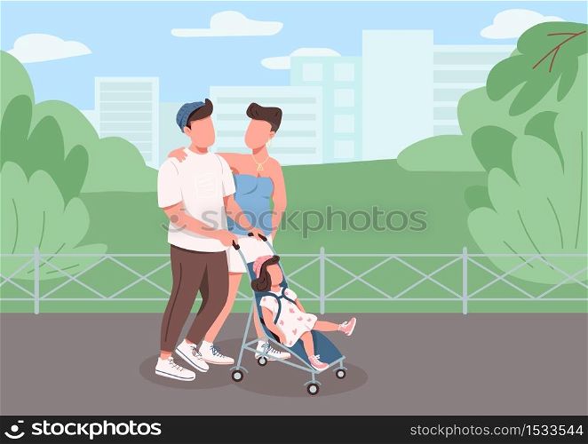 Young family walking flat color vector illustration. Mother, father and child recreation in city. Mom and dad with baby stroller in urban park 2D cartoon characters with cityscape on background. Young family walking flat color vector illustration