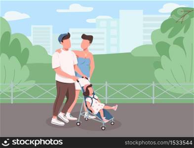 Young family walking flat color vector illustration. Mother, father and child recreation in city. Mom and dad with baby stroller in urban park 2D cartoon characters with cityscape on background. Young family walking flat color vector illustration