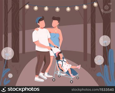 Young family walking in night park flat color vector illustration. Mother, father and daughter recreation in city. Mom and dad with baby stroller 2D cartoon characters with forest on background. Young family walking in night park flat color vector illustration
