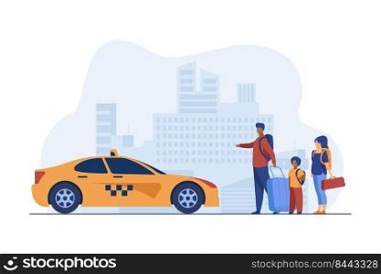 Young family with baggage taking taxi to airport. Cab, trip, taxi service. Flat vector illustration. Travelling concept can be used for presentations, banner, website design, landing web page