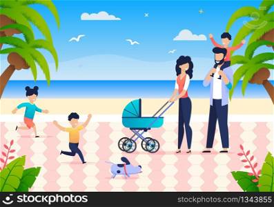 Young Family with Children Enjoy Summer Vacation. Little Dog Running away from Children. Man Holding his Son his Shoulders. Smiling Woman with Pram. Joint Vacation Husband with his Wife and Children.
