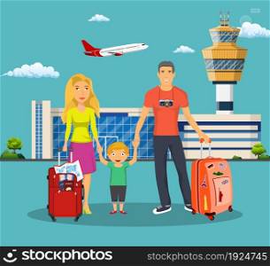 Young family with children in front of the airport building. Man and woman with luggage go on a trip. Family travel. The plane flies in the sky. Vector illustration in flat design.. Young family with children in front of the airport
