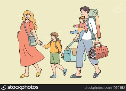 Young family with kids carry personal belongings ready for summer vacation. Happy father, pregnant mother and children ready for travel. Season holiday, tourism concept. Leisure activity. . Family with children packed ready for summer vacation