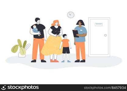 Young family with kids visiting pediatrician office. Father, mother and children consulting doctor flat vector illustration. Family, medicine concept for banner, website design or landing web page