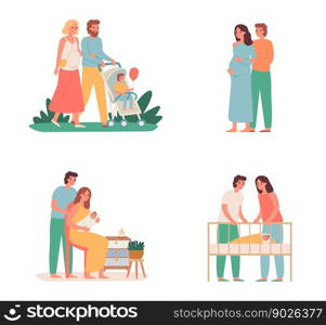 Young family with little baby, parents with kids. Illustration of mother an father with kids vector lifestyle. Young family with little baby, parents with kids