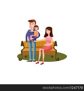 Young family with toddler walking in the park bench, landscape retro cartoon. Young family with toddler walking in the park bench, landscape retro cartoon vector illustration