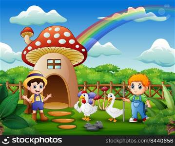 Young farmers with animals on the mushroom house 