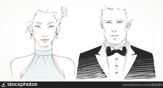 Young fashionable couple portraits of man and woman in evening dresses isolated vector illustration