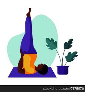 Young fat african american man doing yoga, guy doing sport exercise and meditation. Flat male character and potted flower. Vector illustrstion . Yoga Different People