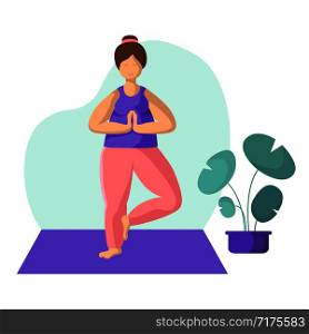Young fat woman doing yoga on mat, pretty girl doing sport exercise and meditation. Female character in flat style. Isolated figure and potted flower, vector illustration. Yoga Different People